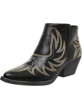 Women's Black Polyurethane Cowgirl Western Pointed Toe Embroidered Chunky Heels